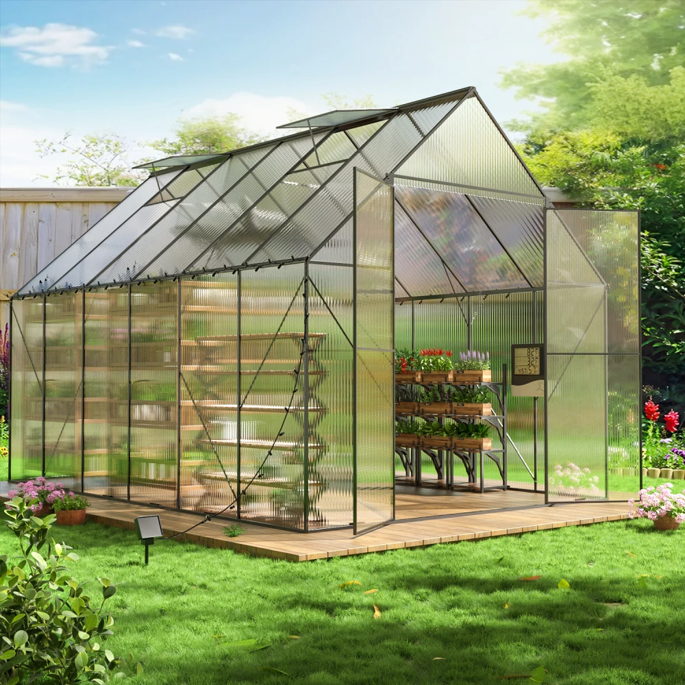 8x12 FT Greenhouse for Outdoors,Heavy Duty Polycarbonate Greenhouse,Large Walk-in Greenhouse with Roof Vent,Aluminum Hot House