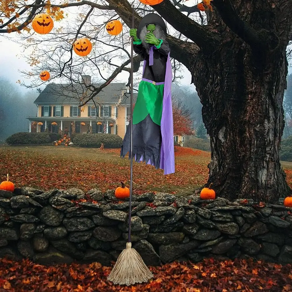 (AA91) Animated Witch Broom 9.84Ft Sound Activation Broom Halloween Animatronic Witch Spooky Home Decor for Holiday Cosplay view 2