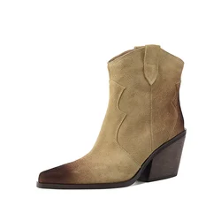 2024 Winter Classic Chelsea Boots for Woman Cow Suede Pointy Toe Wedge Heel Ankle Boots Simple Comfortable Cowboy Boots Female