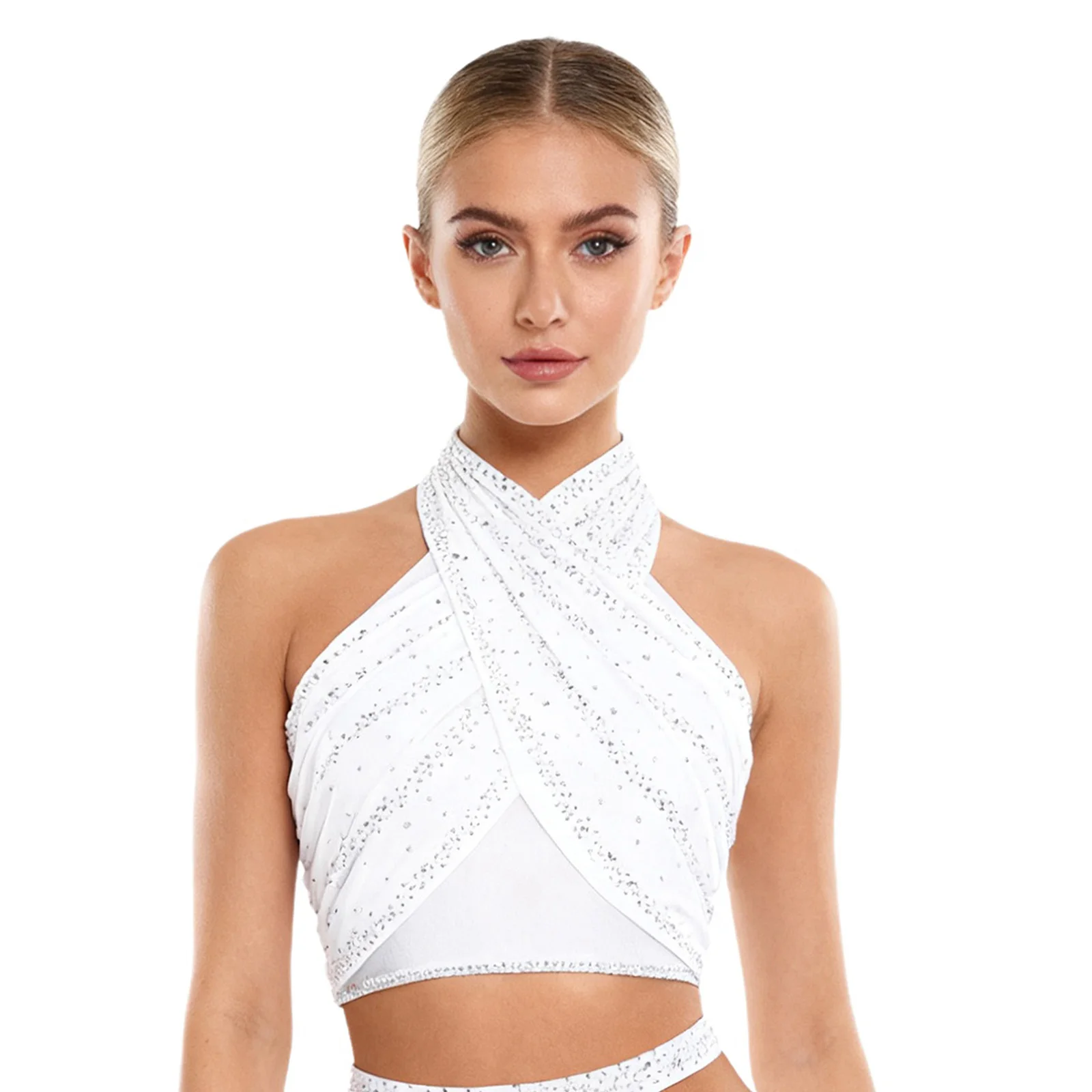 Women Salsa Cha-Cha Latin Dance Costume Halter Sleeveless Strappy Backless Rhinestones Front Cross Ruched Mesh Overlay Crop Tops
