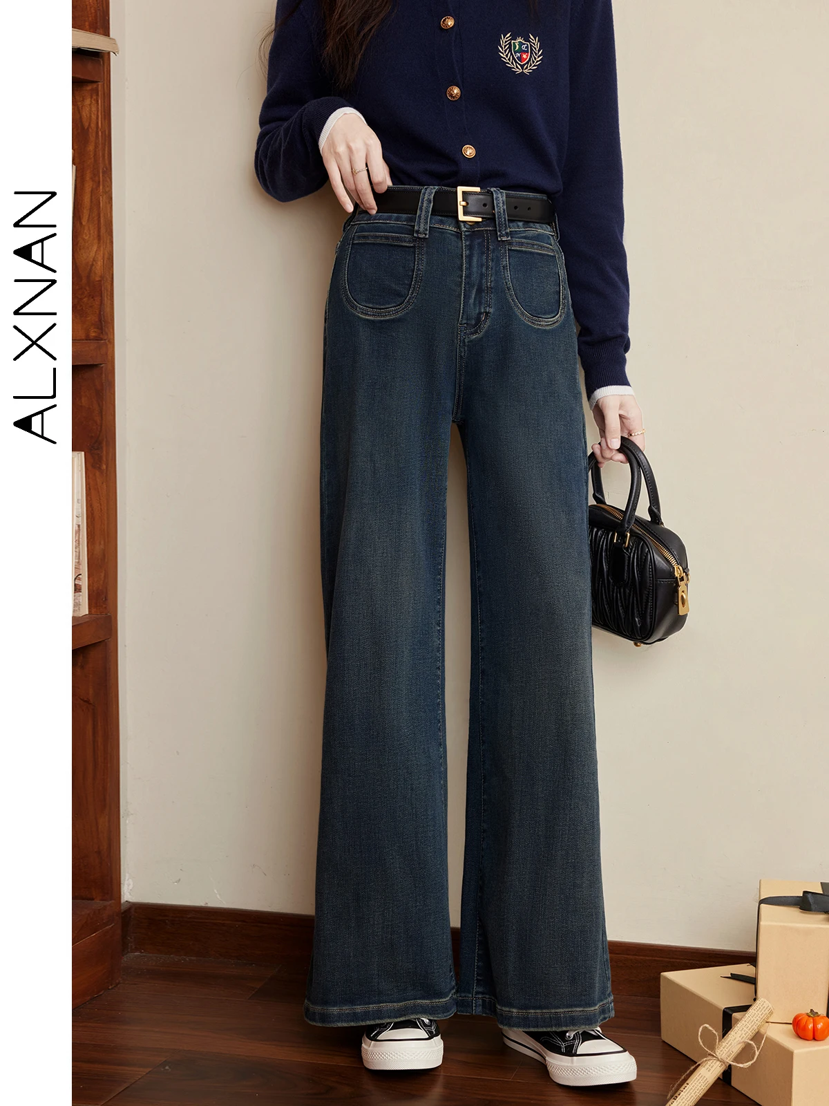 ALXNAN Women's Vintage Basics Jeans 2024 Autumn Winter New Thickness Straight Softener Wide Leg Denim Pants Lady Clothes L50311