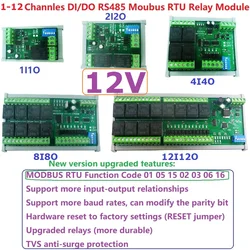 DC 12V 1/2/4/8/12 canali isolamento DI-DO PLC IO scheda espandibile modulo relè RS485 Modbus RTU codice 01 05 15 02 03 06 16