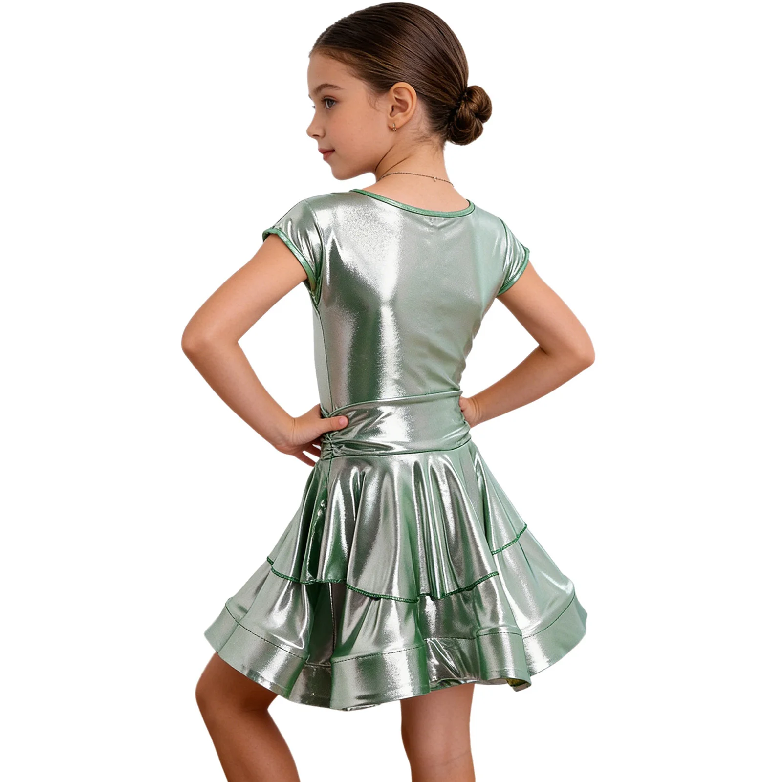 Kids Girls Metallic Latin Tango Dance Performance Costume Samba Dancewear Sleeveless Tiered Ruffled Dress with Built-in Briefs