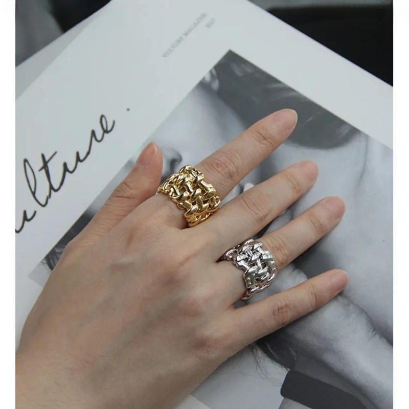 

TUES 2025 Korea INS Retro Party Punk Rock Style Thick Chain Braided Ring Simple Pearl Open Cross Ring For Women Girl Jewlery