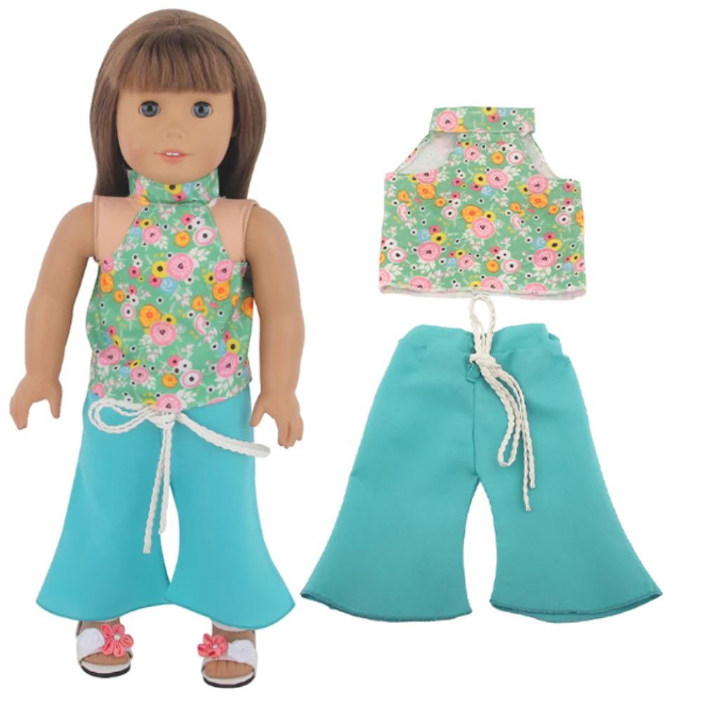 Green Daisy Print T-Shirt Bell Bottoms Doll Outfit for 18 Inch American Doll&43cm Baby Newborn,OG Girl Doll Clothes Suit