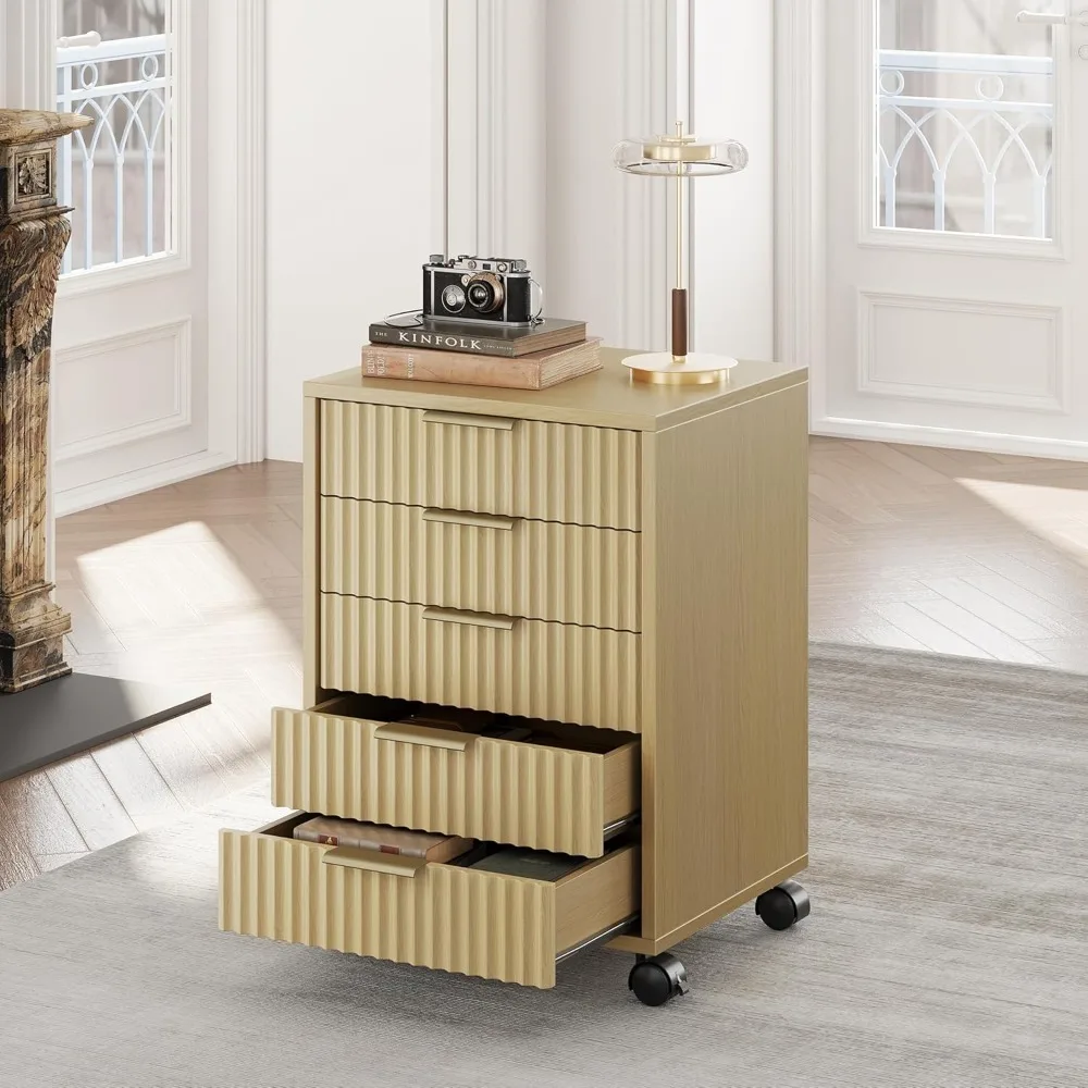 

Fluted File Cabinet on Wheels 5 Drawer Chest Under Desk Storage Organizer Light Walnut