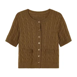 Maglione cardigan a trecce in lana a maniche corte corto da donna