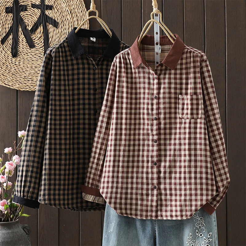 

Spring Autumn Plaid Long Sve Cotton irt Loose Casual Sle Women's Premium Faion Top Button up Cardigan Thin Outerwear