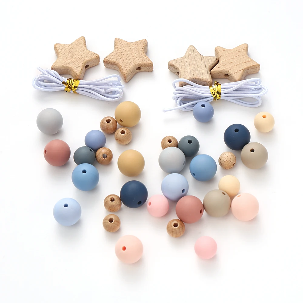 New Colorful Silicone Beads Wooden Pentagram Beads For Jewelry Making Baby Chew Teething Necklace DIY Pacifier Clips Accessory