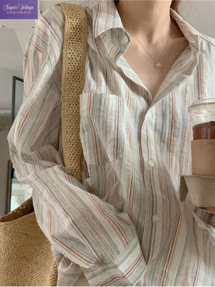 

Korean Fashion Harajuku Y2K Vintage Elegant Tops Women Slim Fit Long Sleeve Lapel Stripes Shirts Office Lady Casual Thin Blouse
