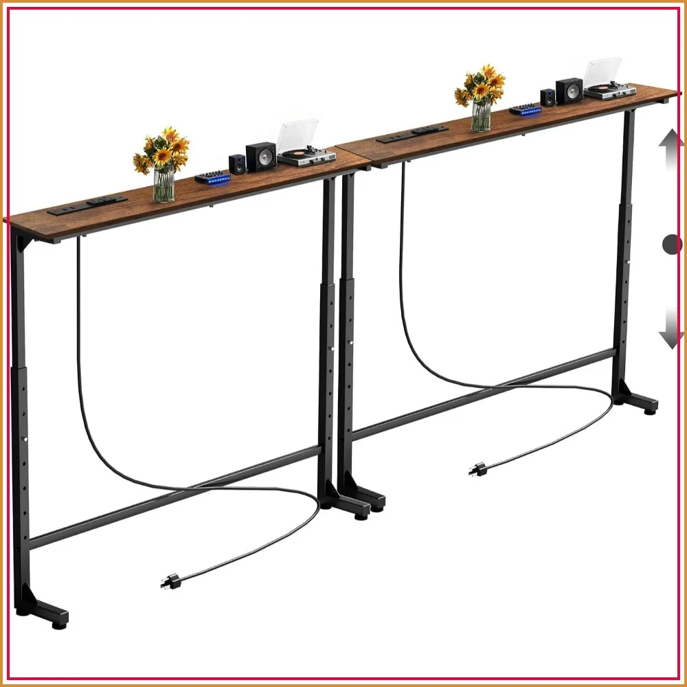 

90" Narrow Console Table with Outlet, Adjustable Height 25"-37", Behind Sofa Table, Charging Station, Long Entryway Table, Brown