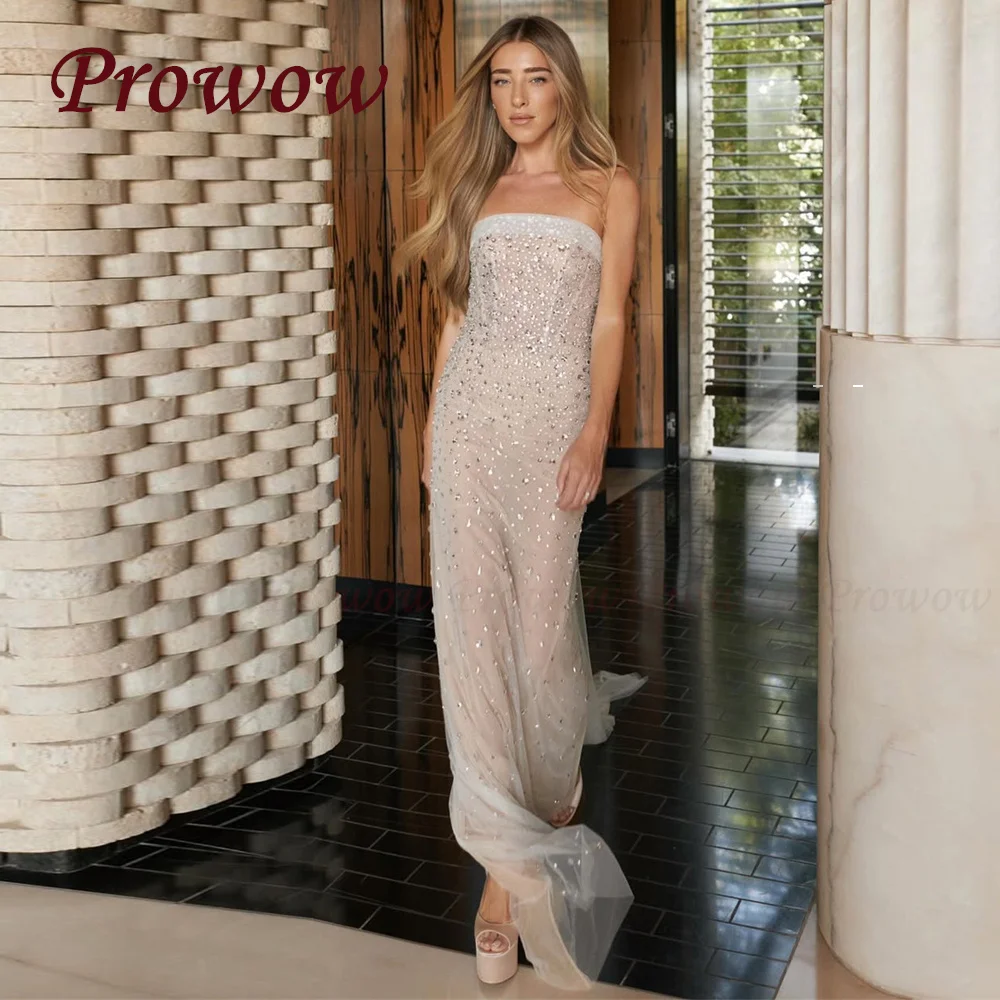 

Prowow Luxury Crystal Mermaid Evening Dress Soft Tulle Strapless Prom Party Gown Customized Special Occasion Gowns Zip Back