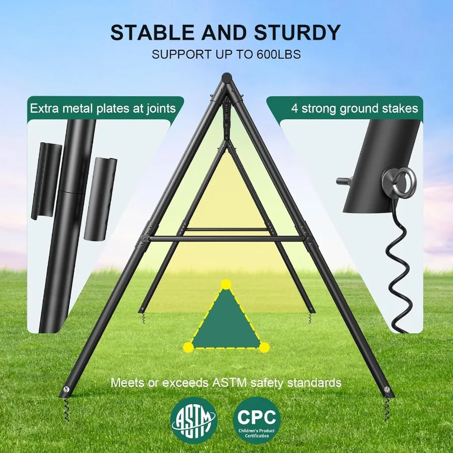 مجموعة أرجوحة معدنية بإطار عالي التحمل بوزن 600 رطل مع أرجوحة منصة واحدة و2 أرجوحة حزام للعب في الفناء الخلفي في الهواء الطلق متينة ومستقرة