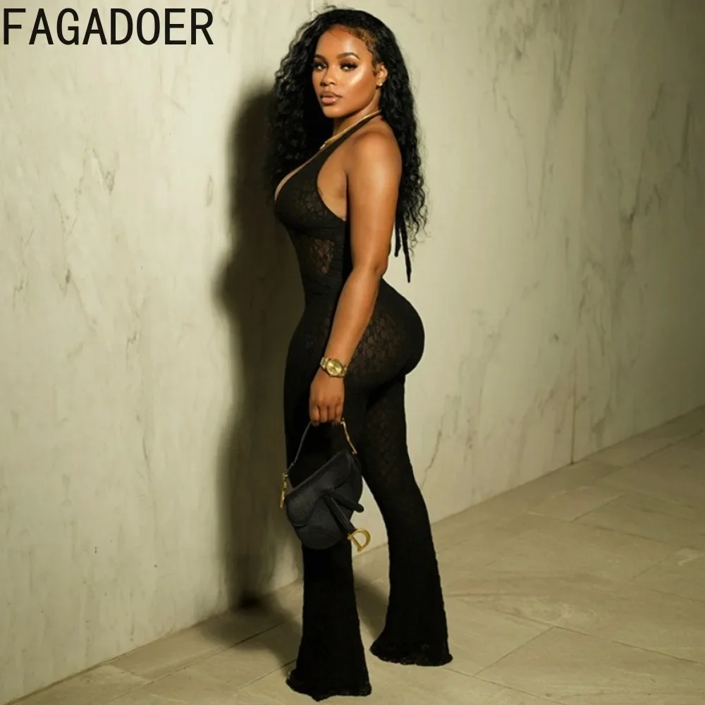 FAGADOER Sexy Deep V Lace Perspective Halter One Pieces Jumpsuits Women Sleeveless Backless Lace Up Playsuits Fashion Clubwear