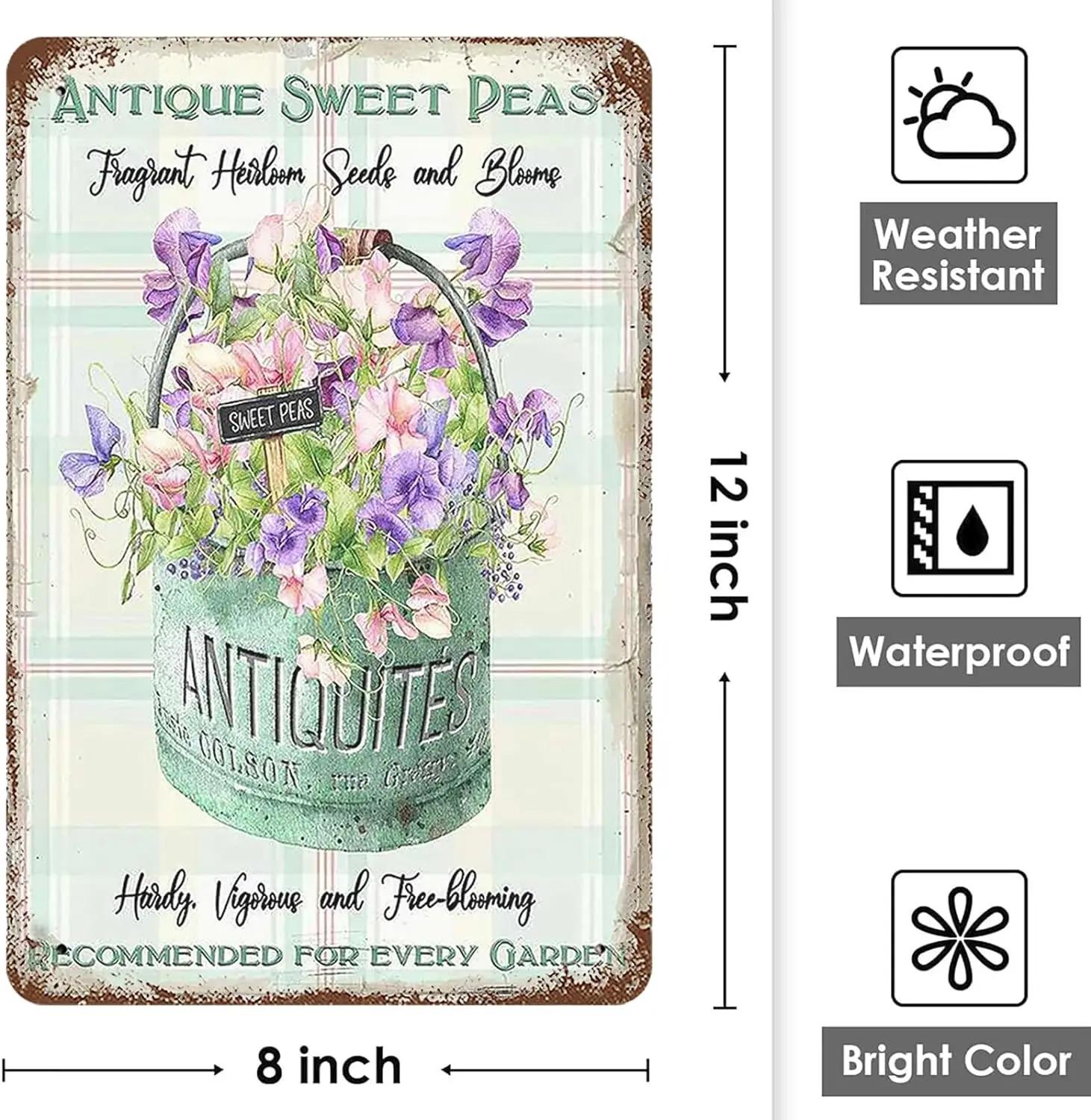 Vintage Metal Tin Sign 8x12, Antique Sweet Peas Wall Art Decor, Rustic Farmhouse Seeds Blooms Poster for Home Living Room Bedroo