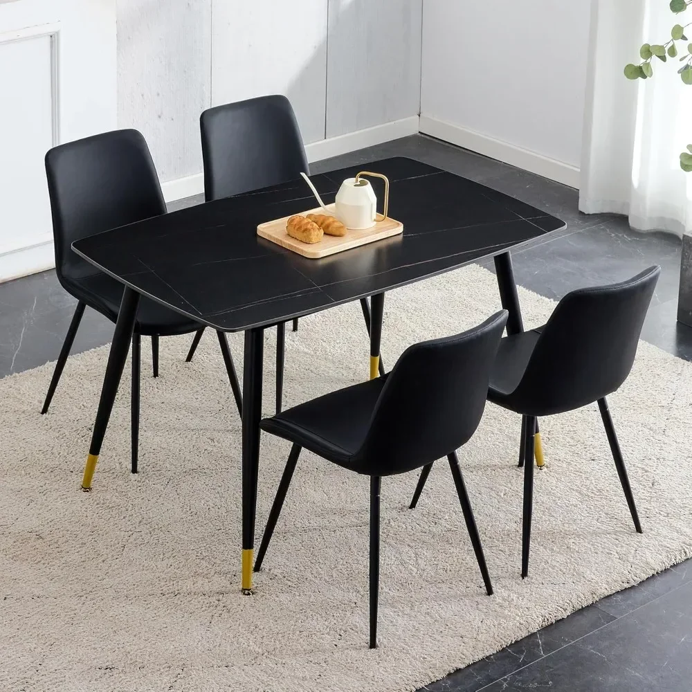 50 Inch Stone Burning Kitchen Dining Table and 4 Sets of Cushioned PU Leather Chairs Dining Table Furniture  Dinning Table