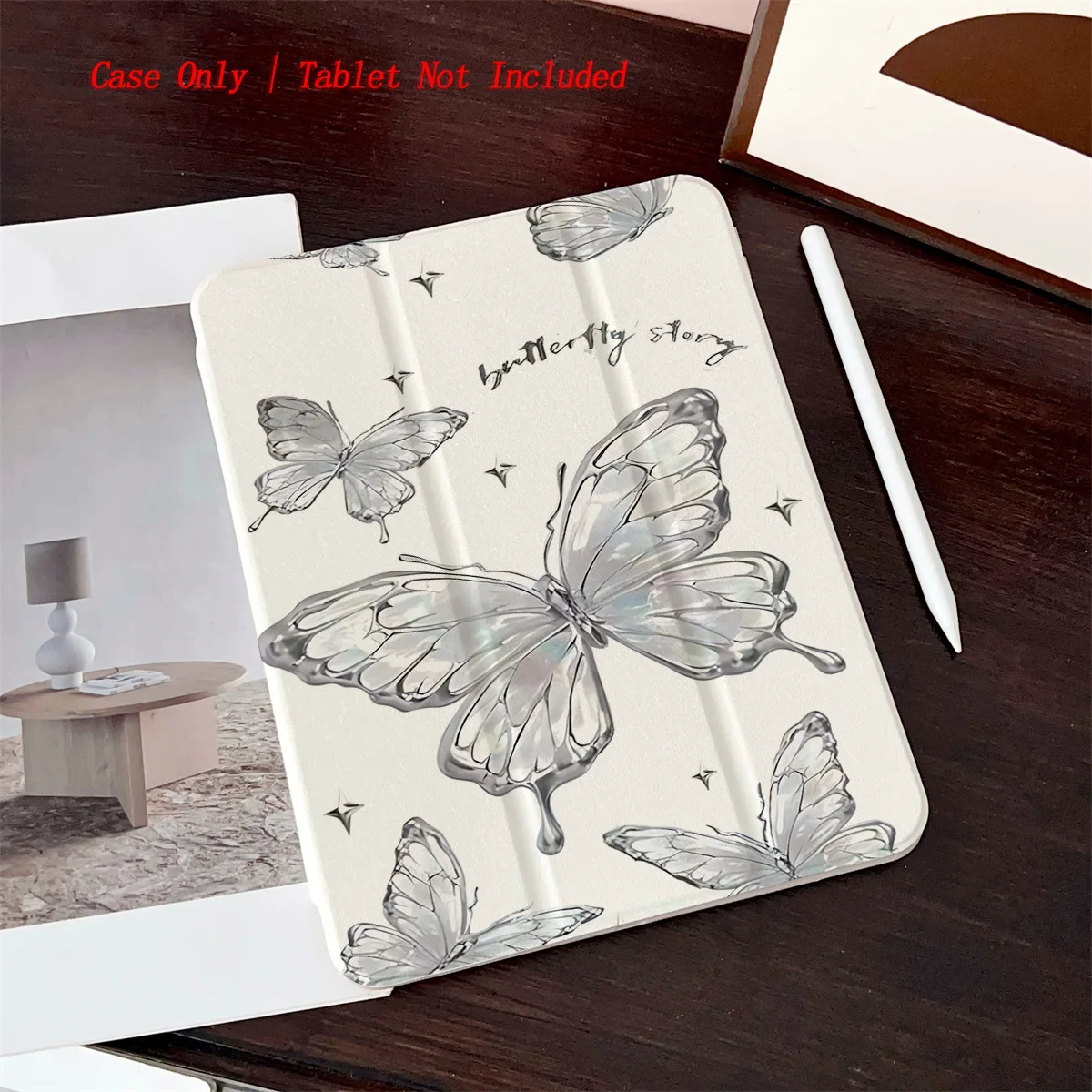 

White Dreamy Butterfly Printed iPad Case for Pro 12.9/11/Air 10.9/iPad 10.2/Mini 6, Shockproof Wear-Resistant Cover