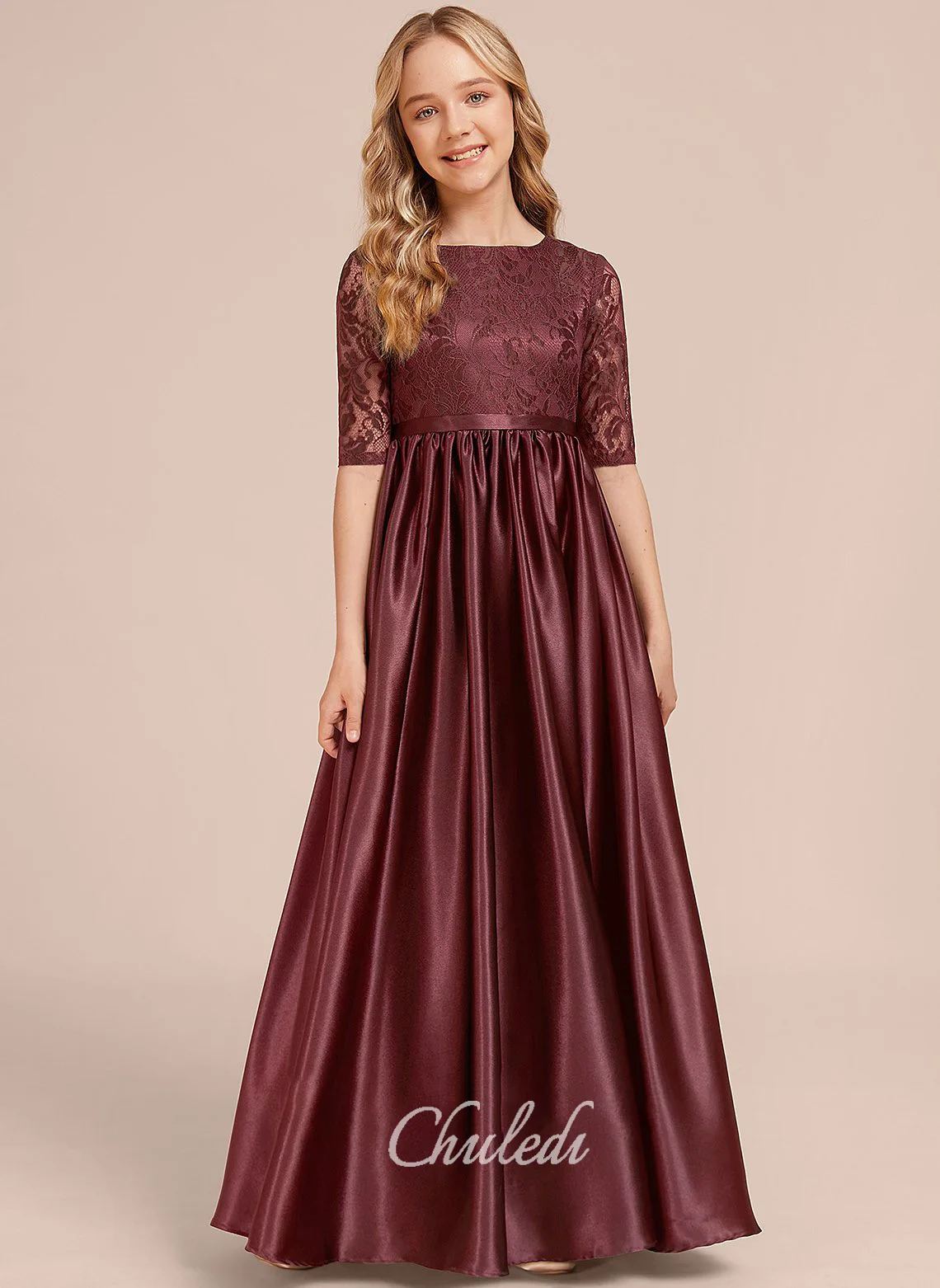 A-line Scoop Floor-Length Lace Satin Junior Bridesmaid Dress