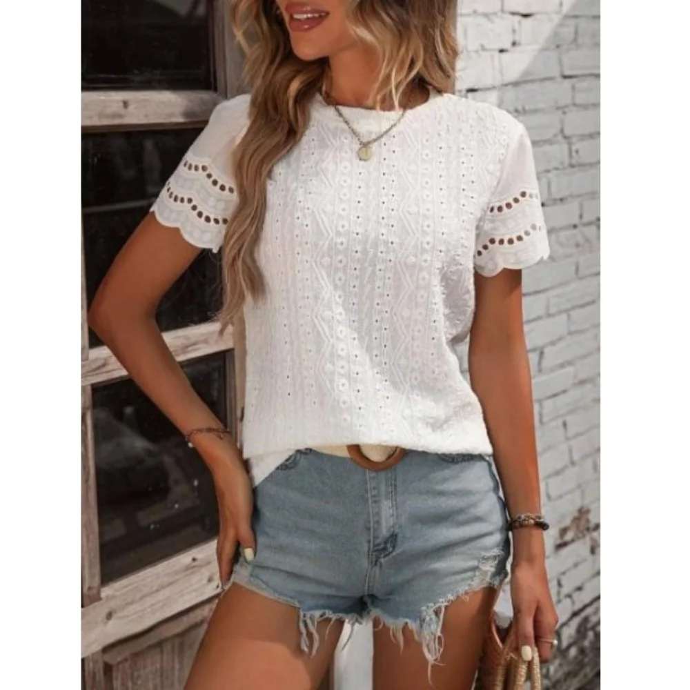 Women\'s T-shirt COTTON Tops 2024 Summer Street Hollowed Out Simple Solid Color V Casual Shirt Y2k T Shirt White Blusa Mujer Moda