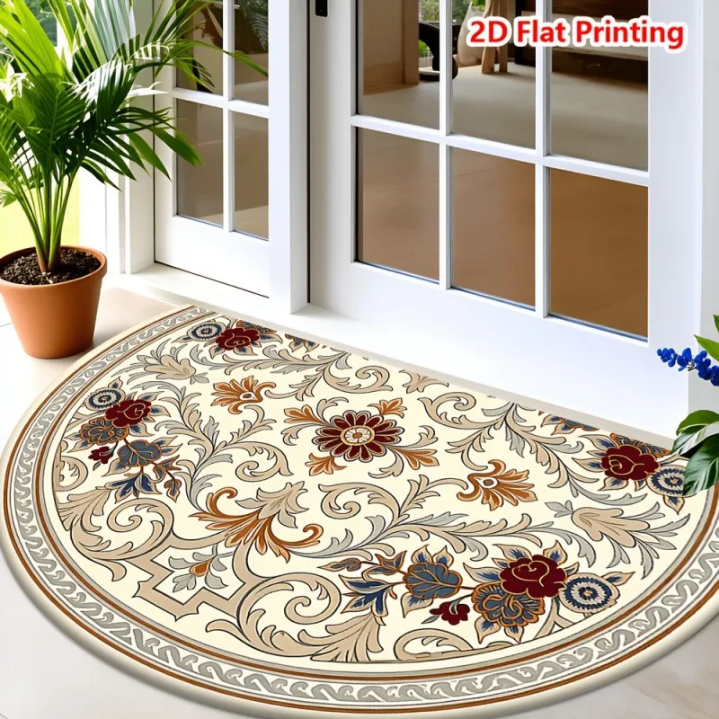Paillasson semi-circulaire à motifs floraux colorés, imprimé de fleurs multicolores sur fond noir, tapis de sol antidérapant pour une maison joyeuse