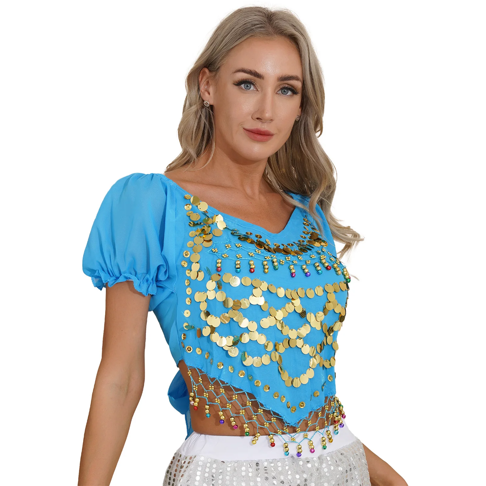 Womens Belly Dance Sequined Beaded Tops Short Puff Sleeve Irregular Hem Crop Top for Stage Performance Halloween Theme Party