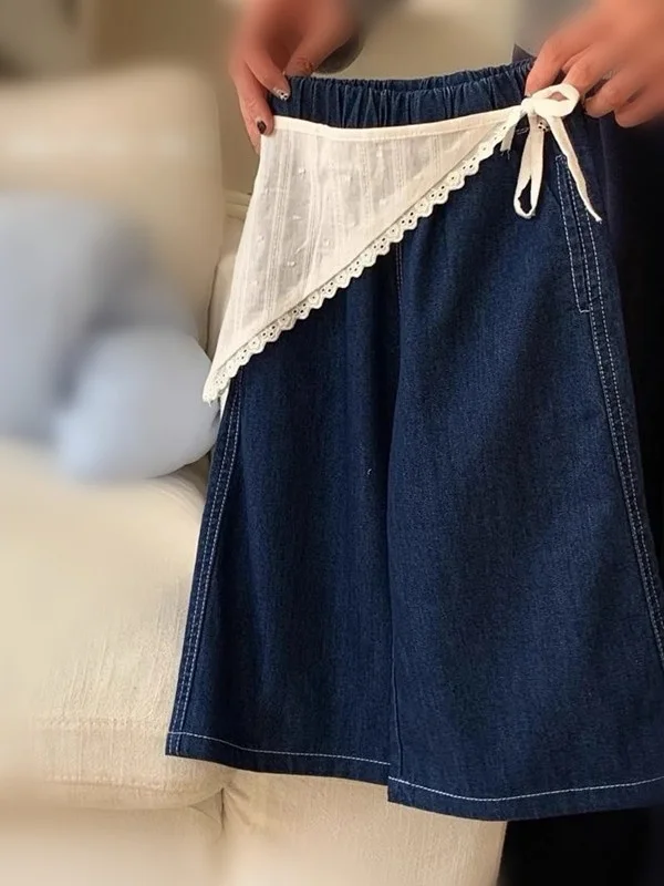 

Корейские джинсы прямого кроя для девочек, весенне-осенние, новые модные брюки с кружевными вставками и широкими штанинами, повседневная удобная детская одежда