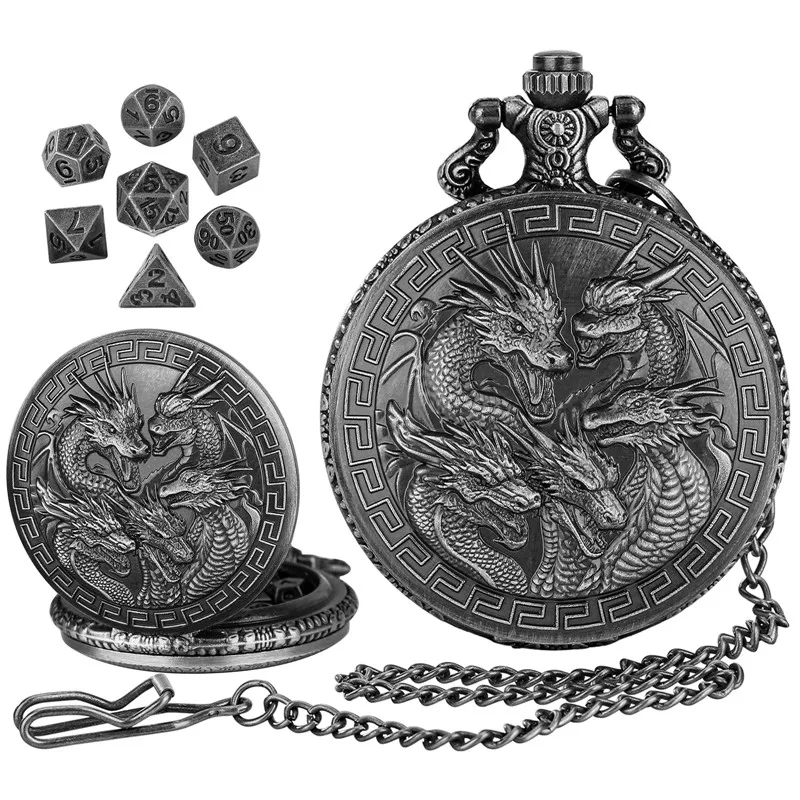 Steampunk Five Dragon Head Pocket Watch Case Fob Chain 7pcs Tiny Metal Polyhedral Dice Set Accessory for Table Role Play Gaming