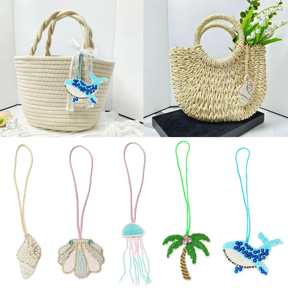 Whale Coconut Tree Starfish Hanging Rope Keychain 3d Handmade Rhinestone Beaded Patches Crystal Bag Lanyard Hanging Decoration