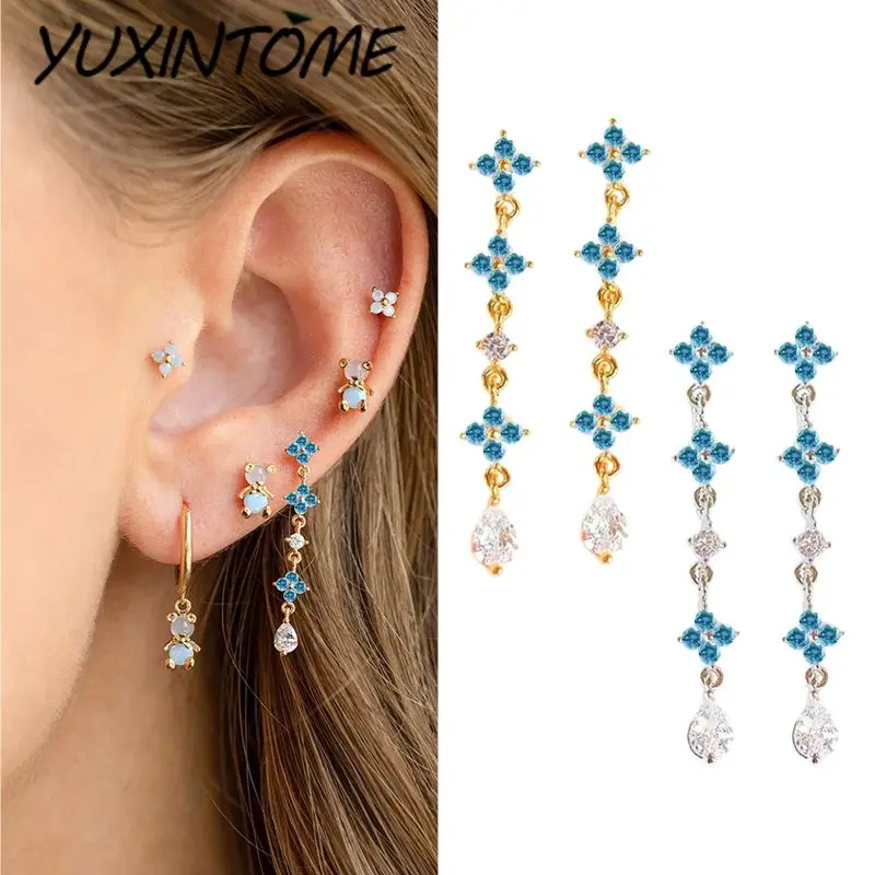 

925 Sterling Silver Ear Needle Small Fresh Cute Wind Blue White Flowers Long Earrings Pendant Exquisite Luxury Earring Jewelry