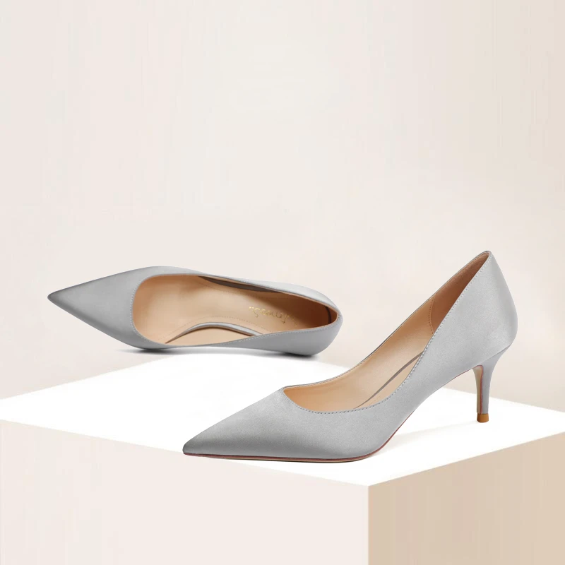 

Grey Satin Single Shoes Women 2022 Spring Autumn Sexy Pure Color Simple 6cm Medium High Heels Pointed Toe Daily Wear Work Pumps