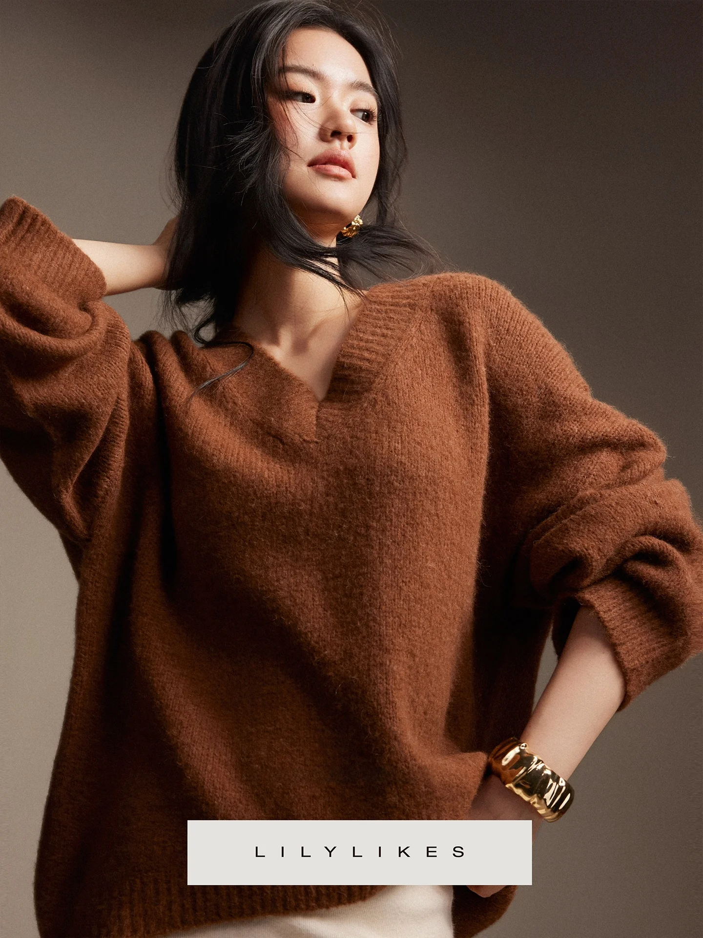 

Lilylikes Camel Hair Silk V-ne Sweater Loose Fit Slimming Mid-length Casual Sle Women's Knittedwear