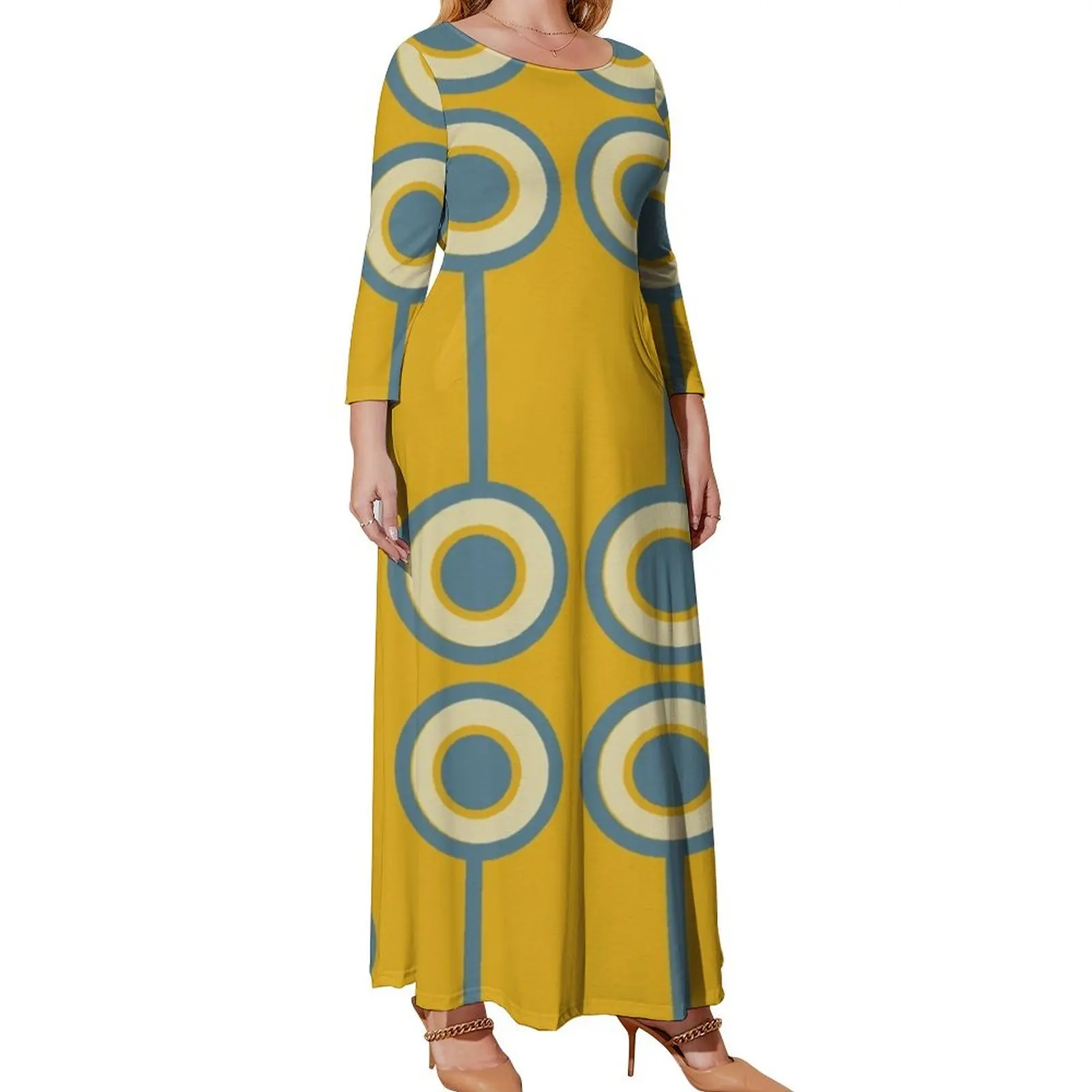 

60s Vintage Retro Groovy Hippie Circle Classic Mustard Yellow Pale Teal Long Sleeved Dress women's summer jumpsuit Dresses