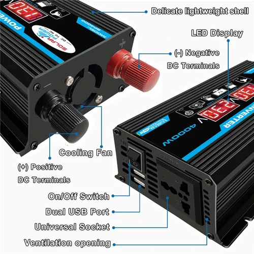 Imagen 2 del producto Adaptador convertidor inversor de corriente para coche de 4000W, transformador de voltaje de 12V a 110/220V, pantalla LED, electrodomésticos, USB Dual modificado para coche