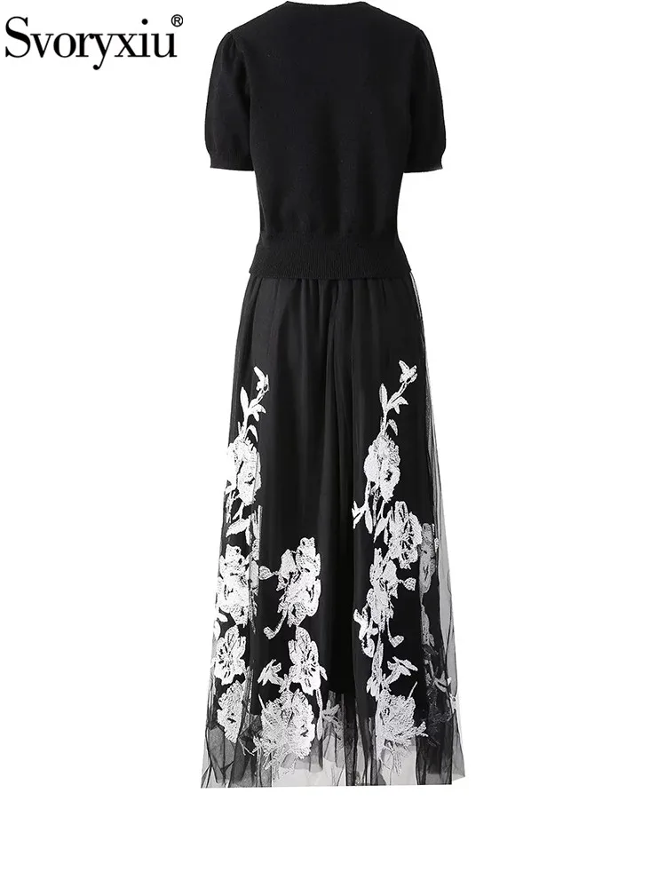 Svoryxiu Fashion Runway Summer Black Floral Half Skirt Suit Women's O-Neck Short Sleeve Pullovers+Belt Slim Net Yarn Long Skirt