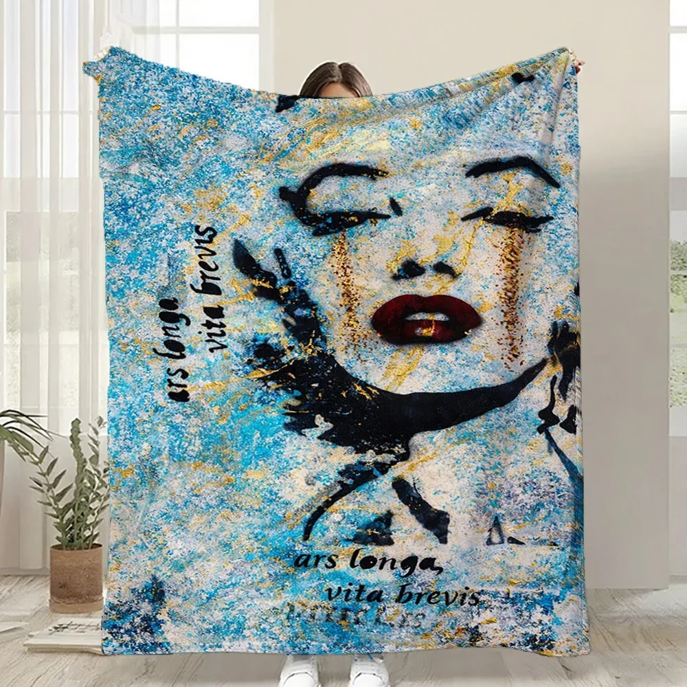 

Blue Gold Abstract Woman Face Flannel Blanket Art Throw Blanket Soft Warm Cozy for Sofa Bed Home Decor All Season