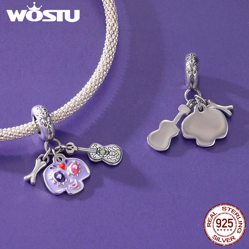 WOSTU 925 스털링 실버 해골 기타리스트 참 해골 사진 액자 펜던트 여성용 팔찌 DIY 고급 주얼리 선물