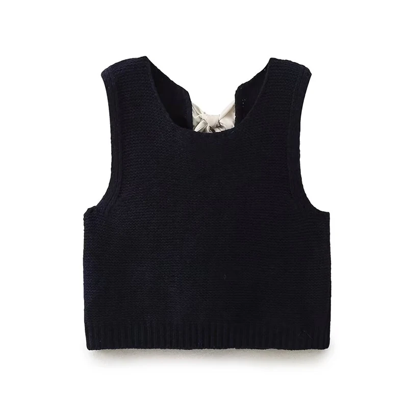 YENKYE  Autumn Women Black Gray Sweater Vest Back Sexy Hollow Out Bow Lace Up Sleeveless   Cardigan Female Chic Casual Crop Top