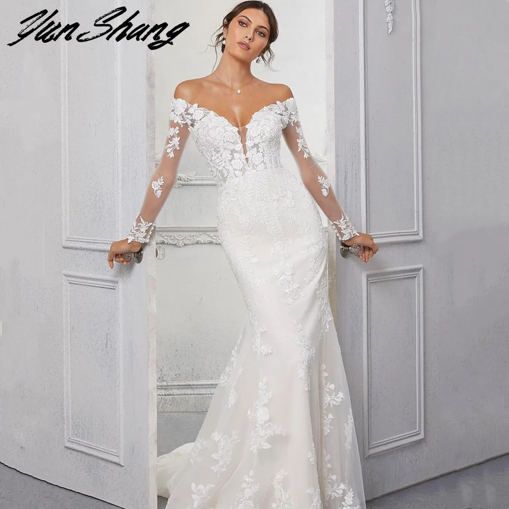 YunShang Off The Shoulder Wedding Dresses V-Neck Tulle Lace Appliques Mermaid Bride Gowns Button Zipper Train Vestidos De Noiva