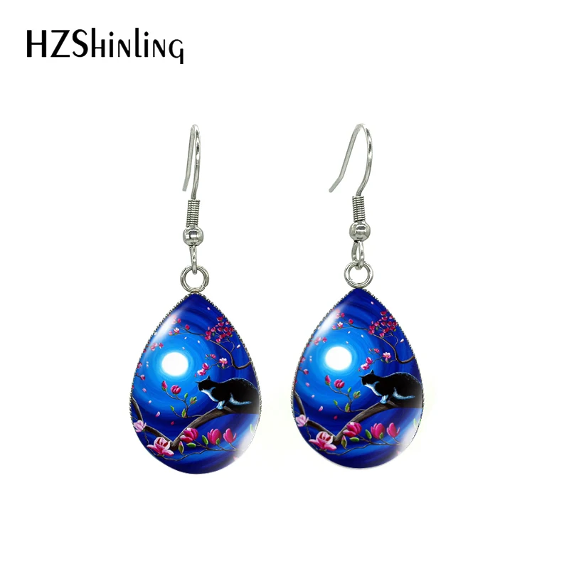 New Vintage Kittens and Moon Paintings Tear Drop Fish Hook Earrings Cute Cats Moon Glass Cabochon Jewelry Dangle Earrings