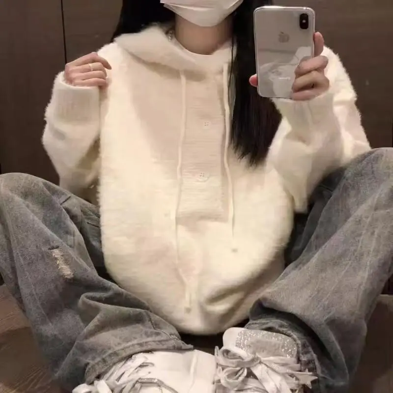 

Белый пуловер с капюшоном, модный свитер-кардиган для женщин, зимний, в корейском стиле, мягкий, уютный, свободный крой, повседневный, оверсайз, вязаный топ, милый, новый