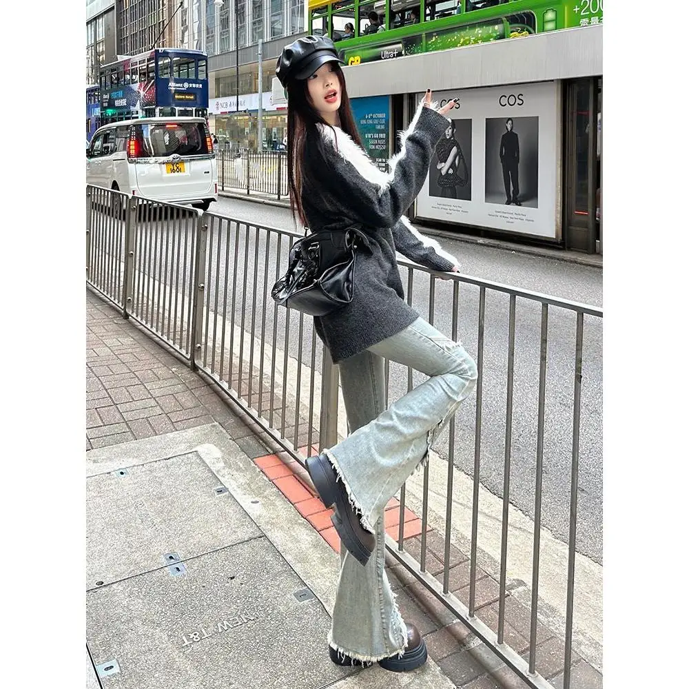 

Retro High Waist Wide Leg Jeans Women's Loose Slimming Frayed Hem Pants Cotton Polyester Blend Casual Winter Sle