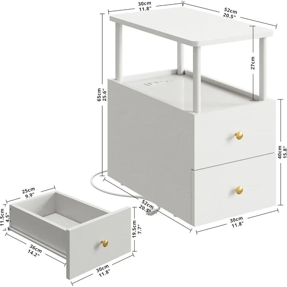 Night Stand com estação de carregamento Mesa lateral estreita com gavetas Mesa de cabeceira branca para espaços pequenos Mesa com mesa de carregamento