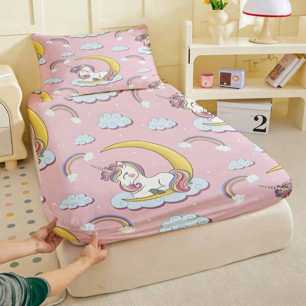 1pc Pink Rainbow Unicorn Moon Print Fitted Sheet Deep Pocket Elastic Mattress Cover Single Double Queen King Bedroom Decor