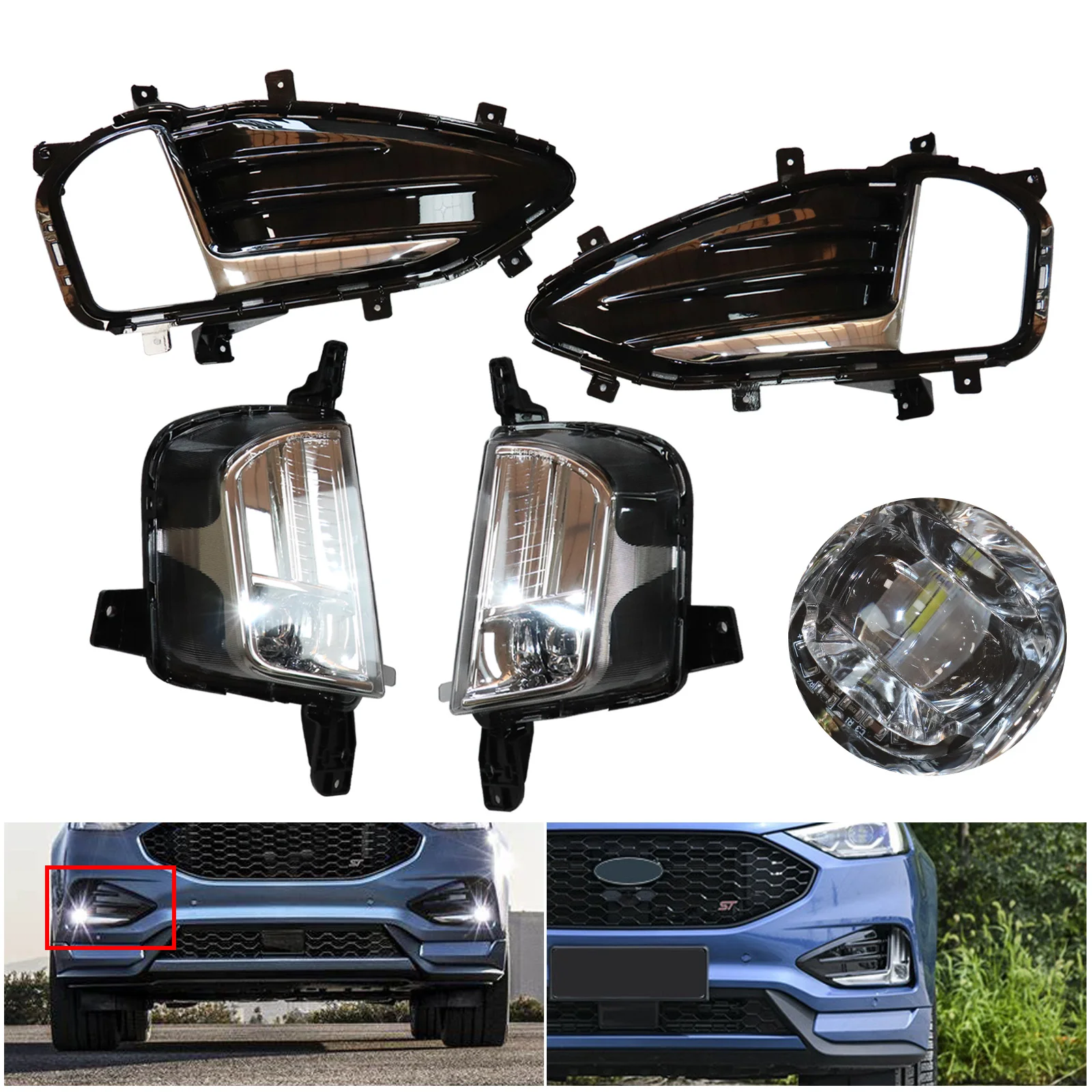 

LED Front Bumper Fog Lights Lamps Cover Chrome Bezel Kit For 2019-2021 Ford Edge