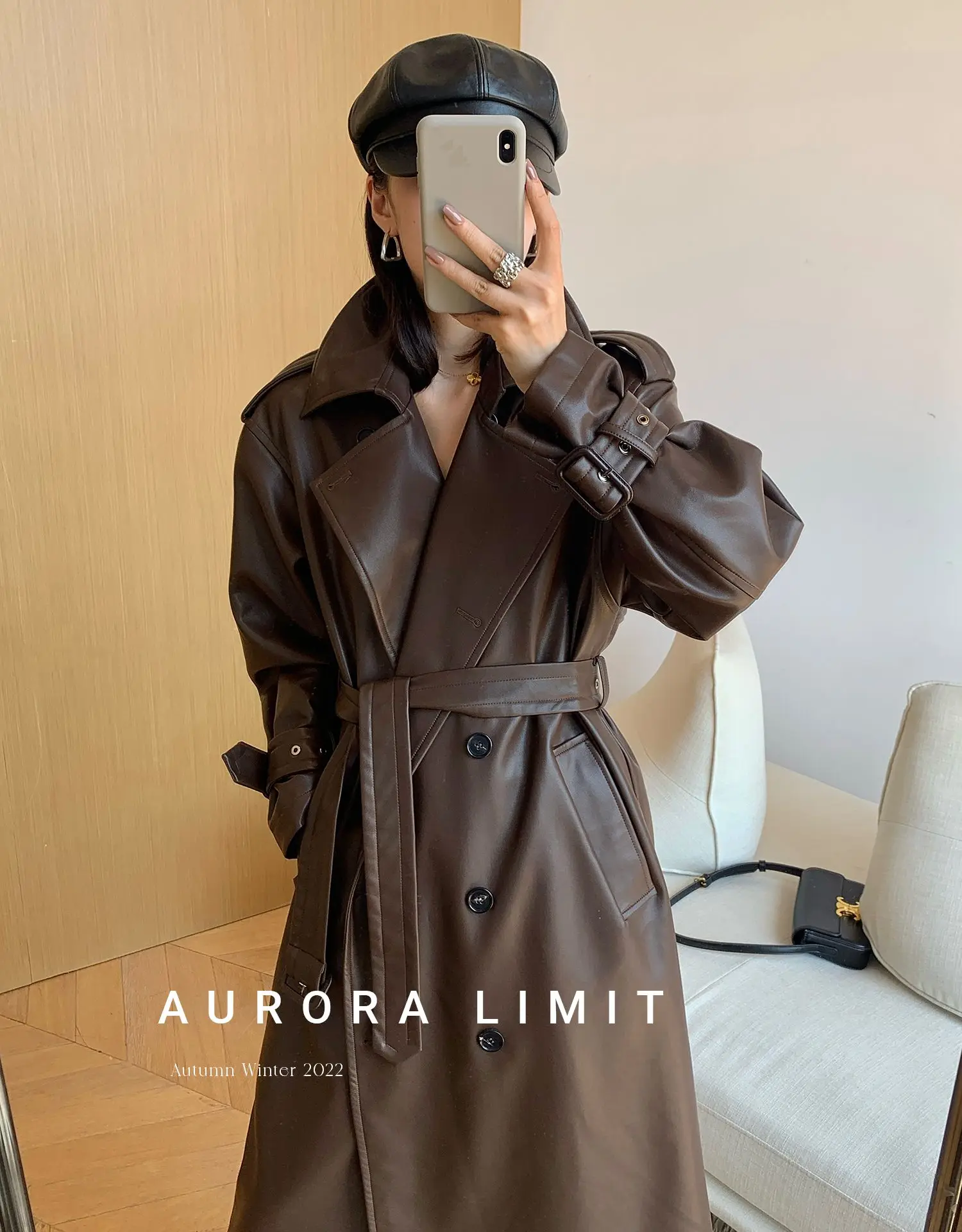 Lautaro Spring Autumn Long Loose Brown Pu Leather Trench Coat for Women Belt Double Breasted American and European Fashion 2023