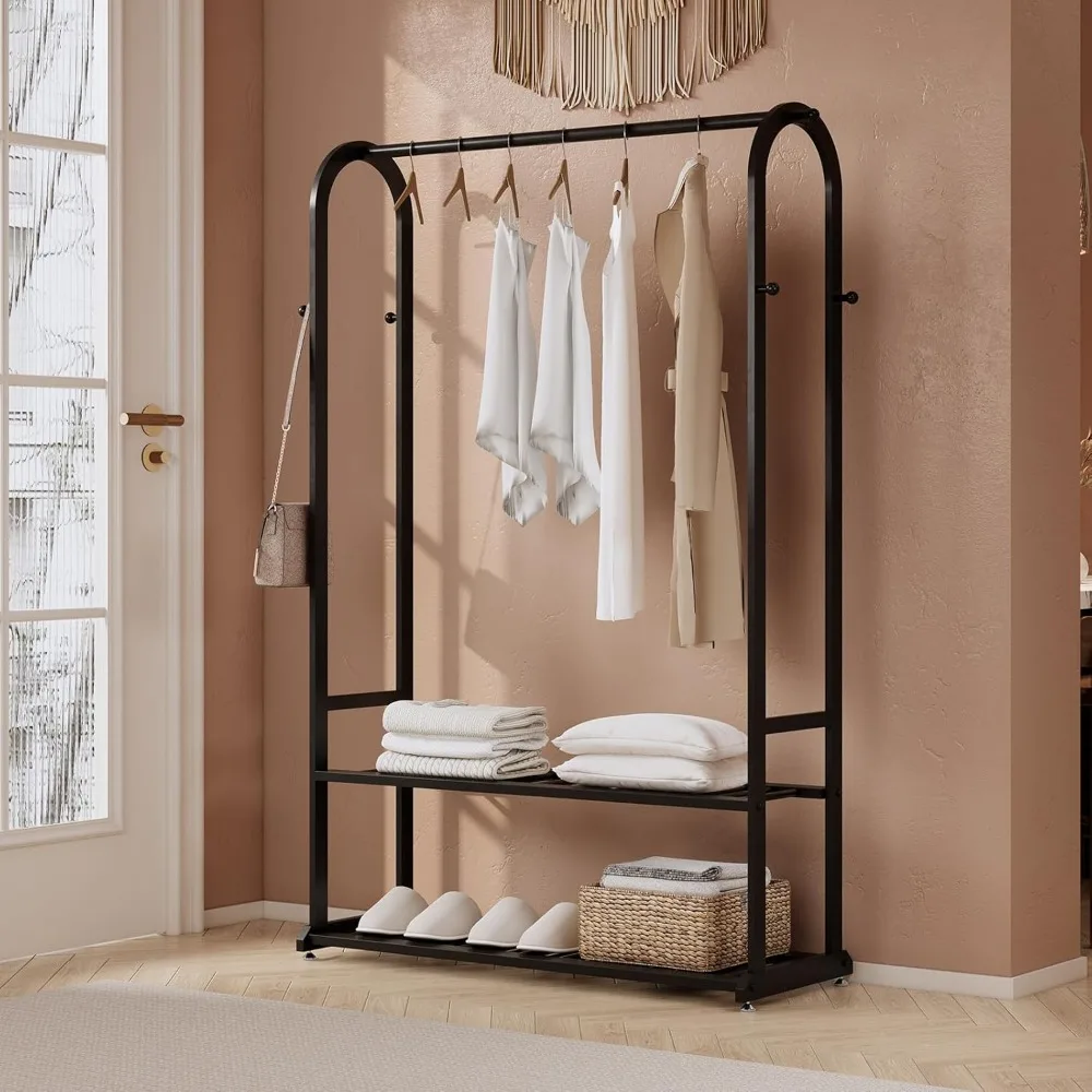 Heavy Duty Clothes Rack with Bottom Shelves & 6 side Hooks - Sturdy Metal Clothing Rack,Garment Racks for Hanging Clothes,can ke