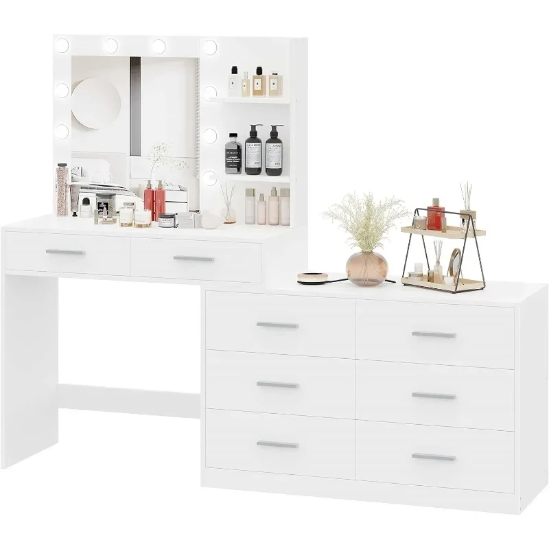 Vanity Desk with Mirror and 3-Color Lights, 8 Drawers Vanity Table with Side Storage Shelf, Dressing Table, Adjustable Width