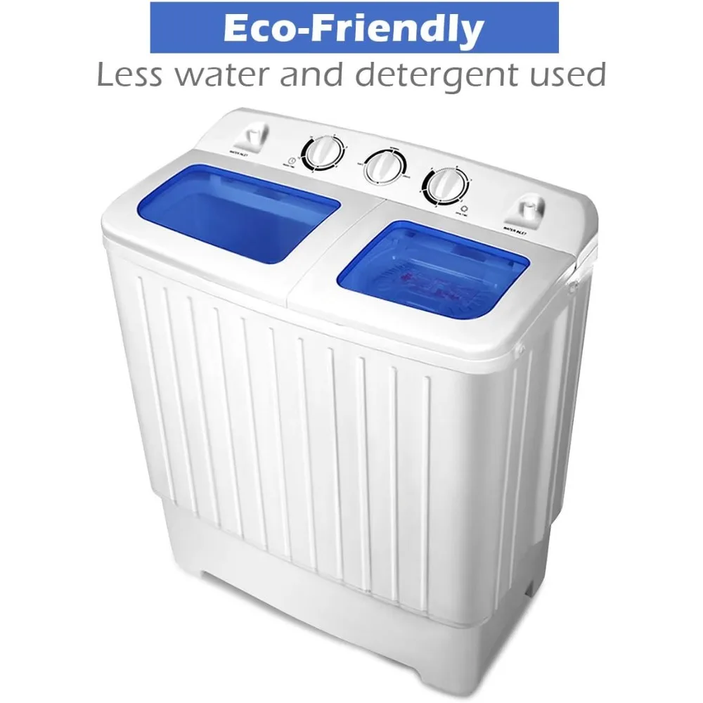 Portable Mini Compact Twin Tub Washing Machine, Semi-Automation 20lbs Washer Spain Spinner Portable Washing Machine, Blue+ White