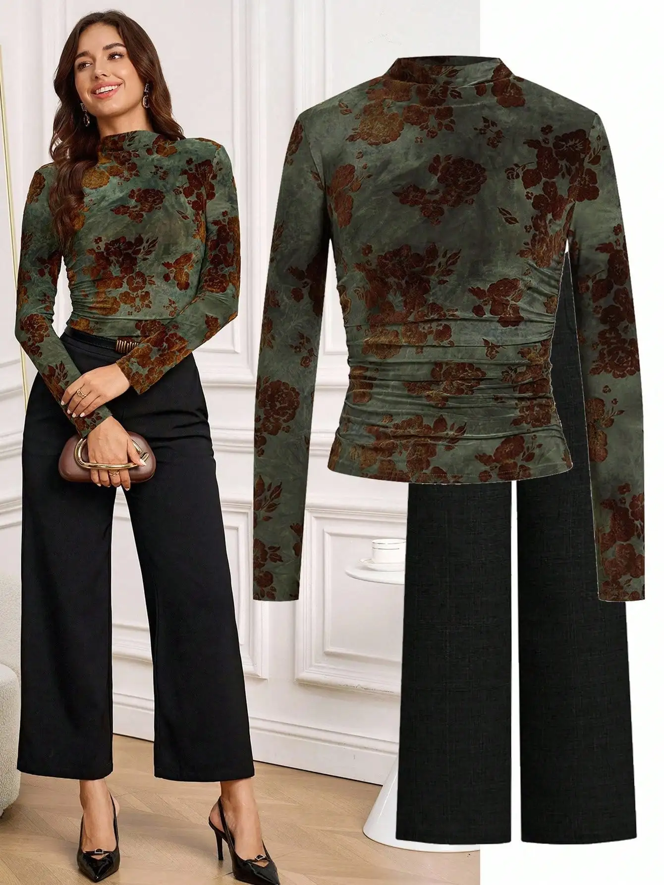 

Elegant Velvet Floral Print Funnel Neck Long Sleeve Top with Ruched Detail for Women, Fall Fashion