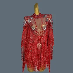 Sexy Red Tassel One Piece Short Jumpsuit Stripper Outfits Dancewear Women Stage Performance Rhinestone Bodysuit Shenhong